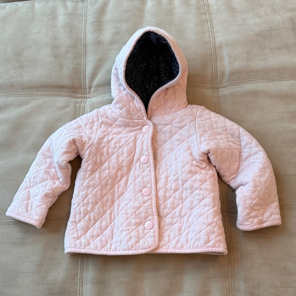 Macys Baby reversible Light Pink/Floral Quilted Hooded Baby Jacket 12months